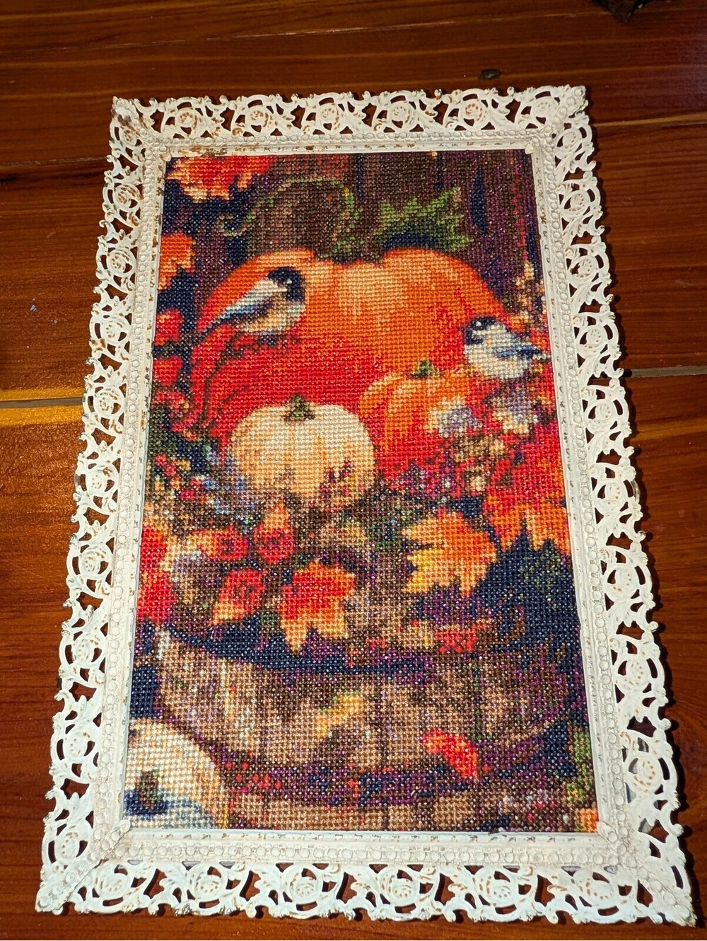 Vintage Autumn Cross Stitch Wall Hanging in metal frame